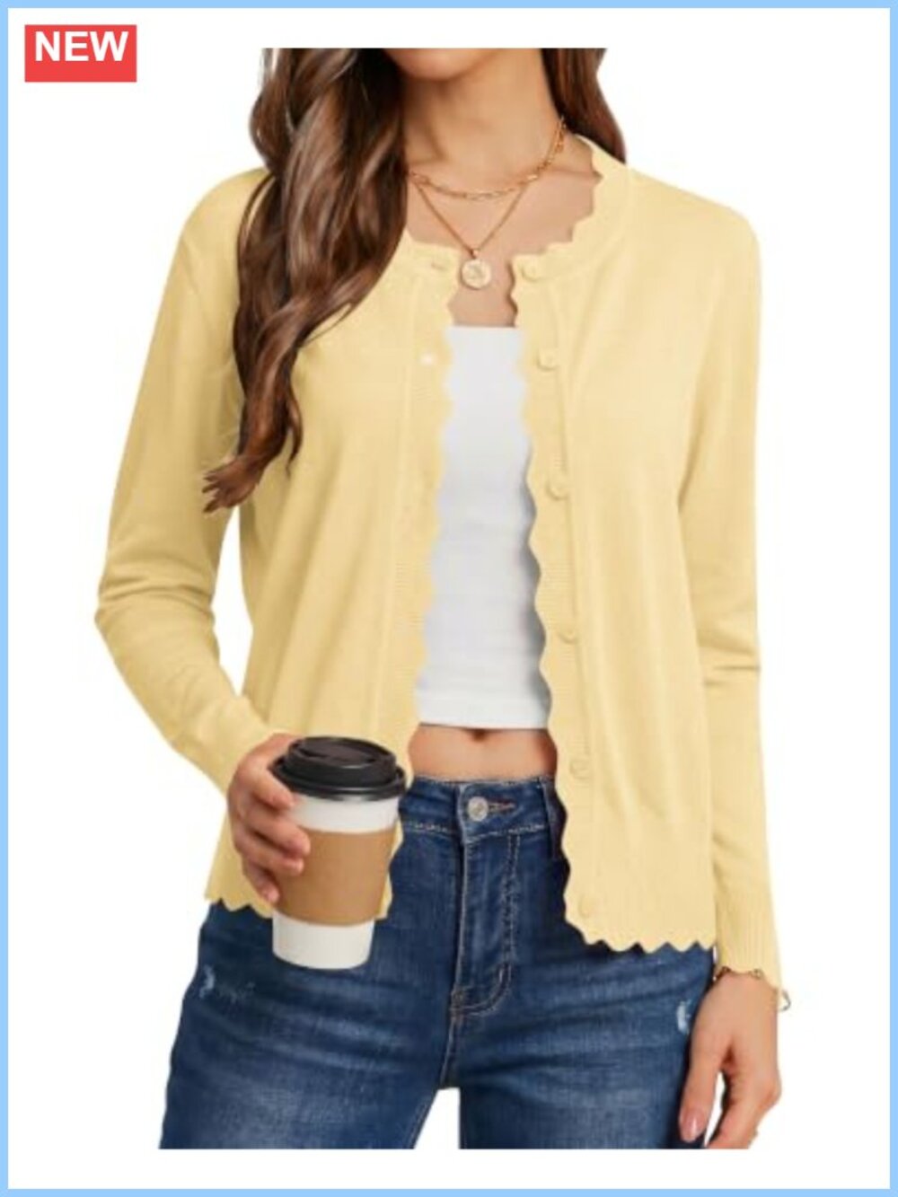 Biodeer Women Lightweight Button Down Cardigan Sweater Scalloped Trim Crewneck